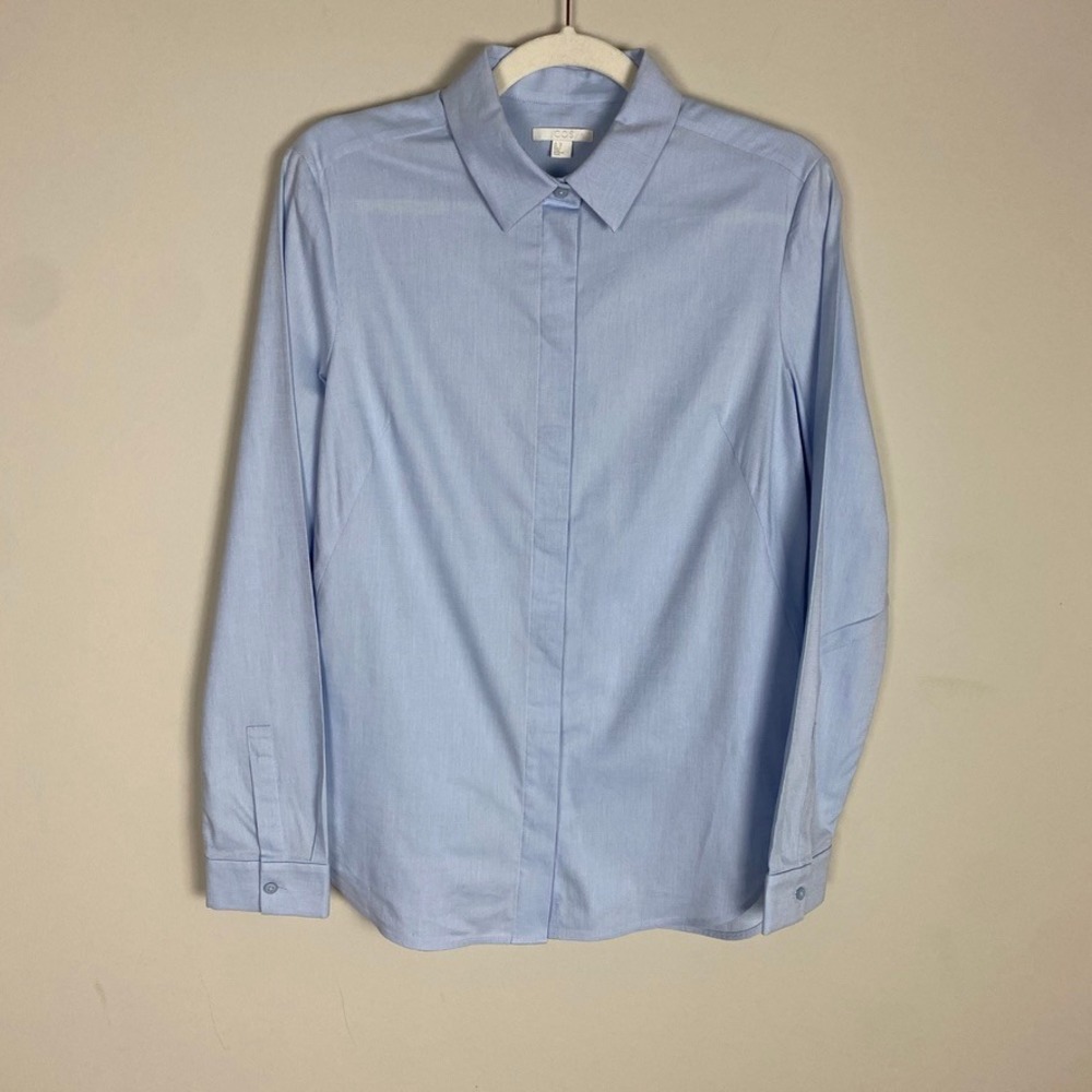 COS Button Down Shirt Womens 10 Hidden Placket Long Sleeve Cotton Dress Career